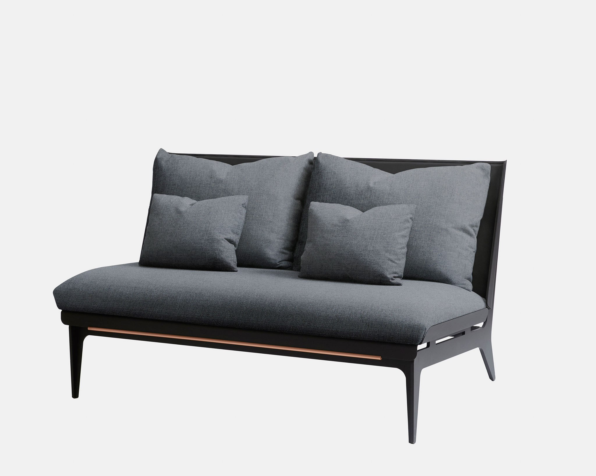 Twentieth GabrielScott BOUDOIR Loveseat NavyFabric BlackLeather CopperAccent