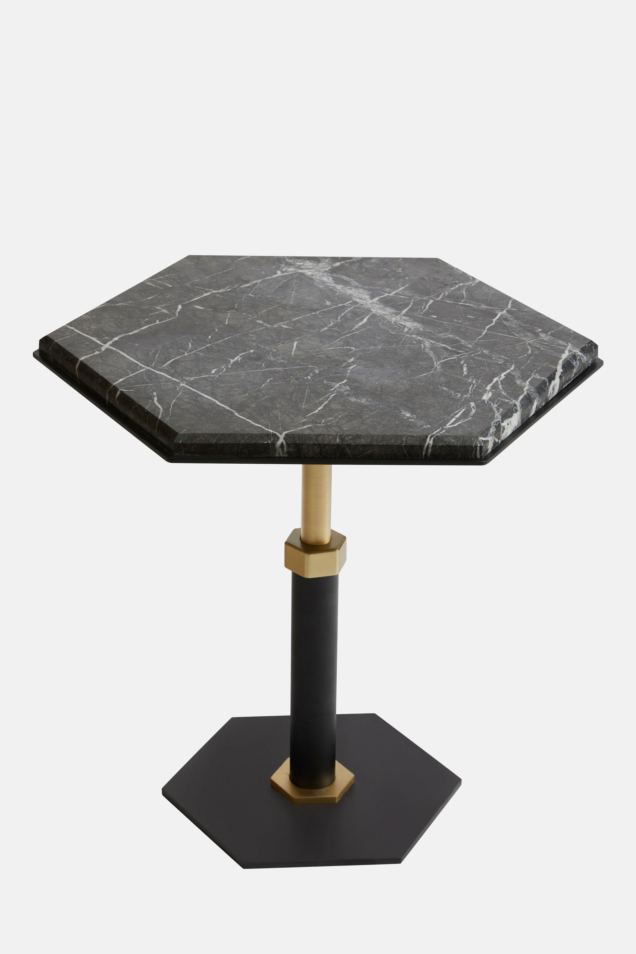Twentieth GabrielScott PEDESTAL HexagonSideTable GrigioCarnico BlackBaseBrassAccent