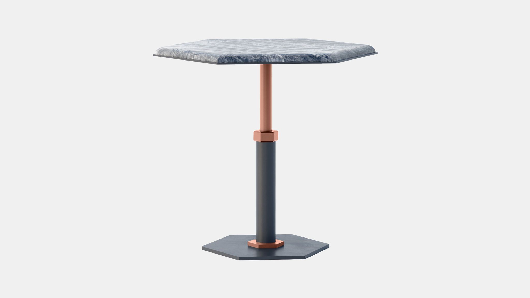 Twentieth GabrielScott PEDESTAL HexagonSideTable SilverWave BlackBaseCopperAccent