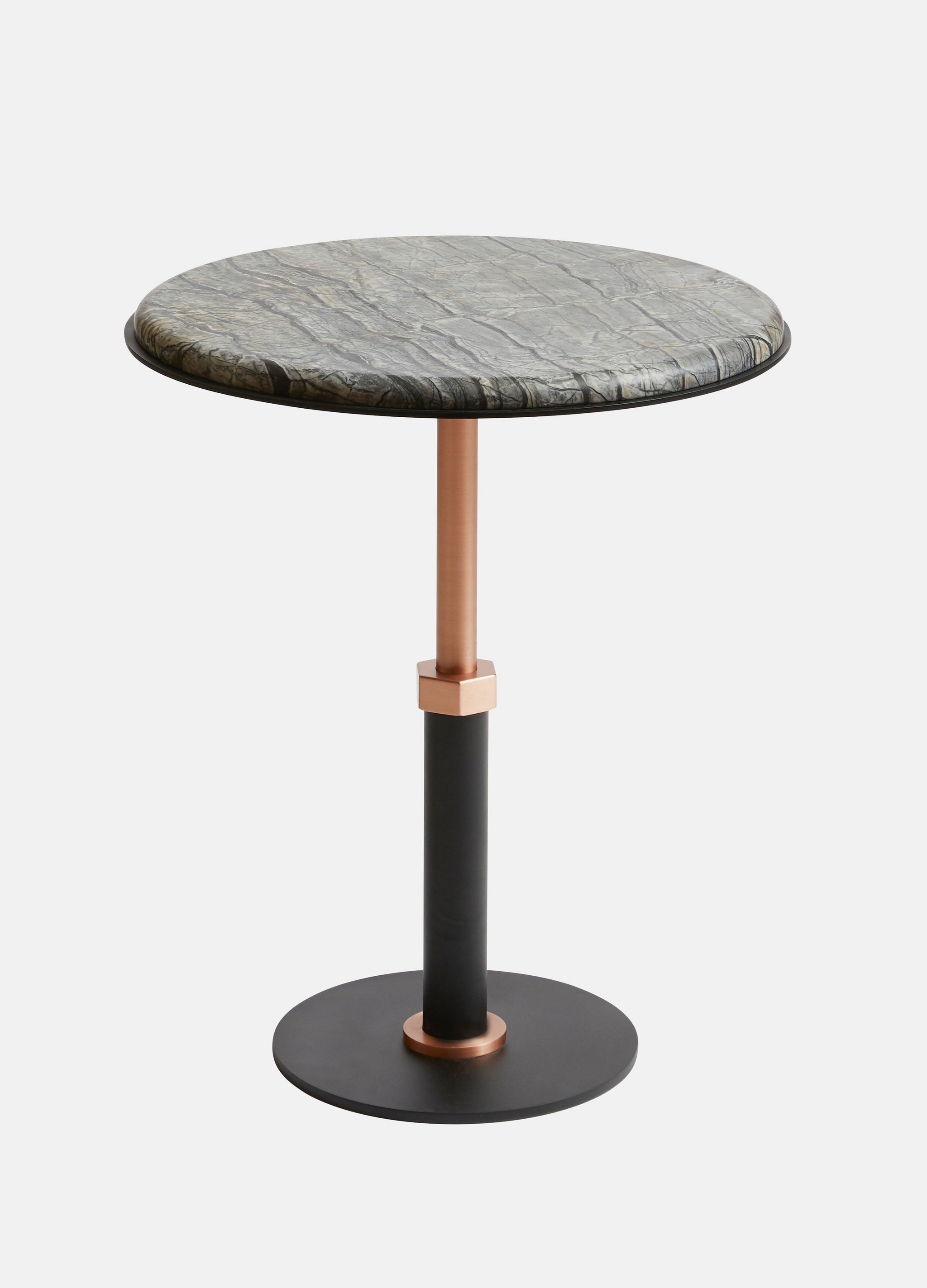 Twentieth GabrielScott PEDESTAL RoundSideTable SilverWave BlackBaseCopperAccent
