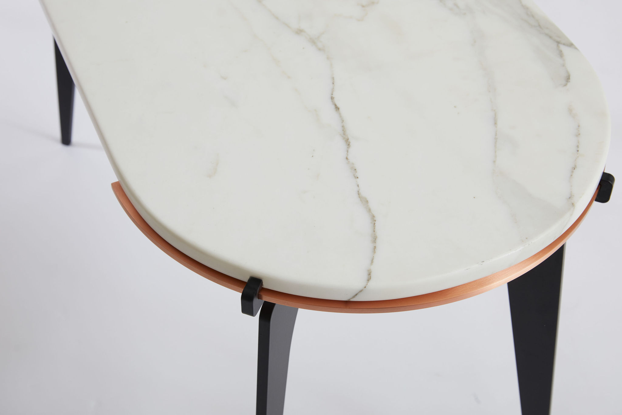 Twentieth GabrielScott PRONG RacetrackSideTable BiancoGioia BlackBaseCopperAccent MarbleTop